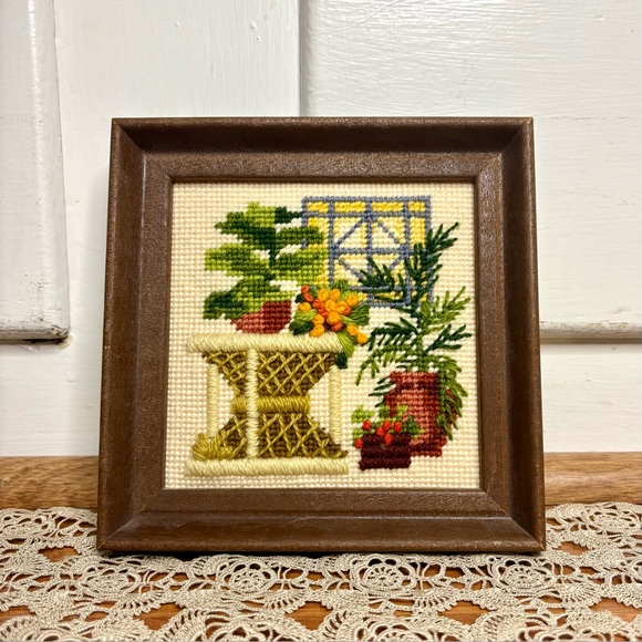 Other - Vintage Small Plant Room Needlepoint Cross-stitch Embroidery Fiber Art Framed 6”